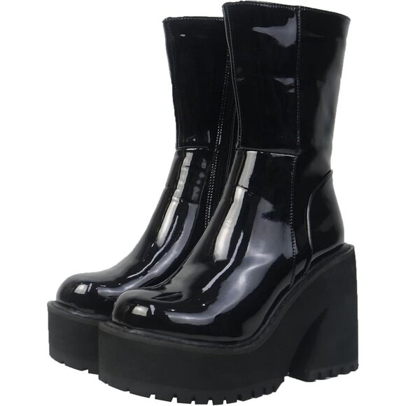 ⚡Women A-patent Black Synthetic Wedge Heel Ankle High Platform Zipper Punk Boot - Picture 1 of 6